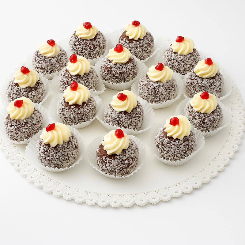 Kokos-Rum-Kugeln mit Kokosraspeln, heller Cremehaube und roter Kirsche auf einer Platte