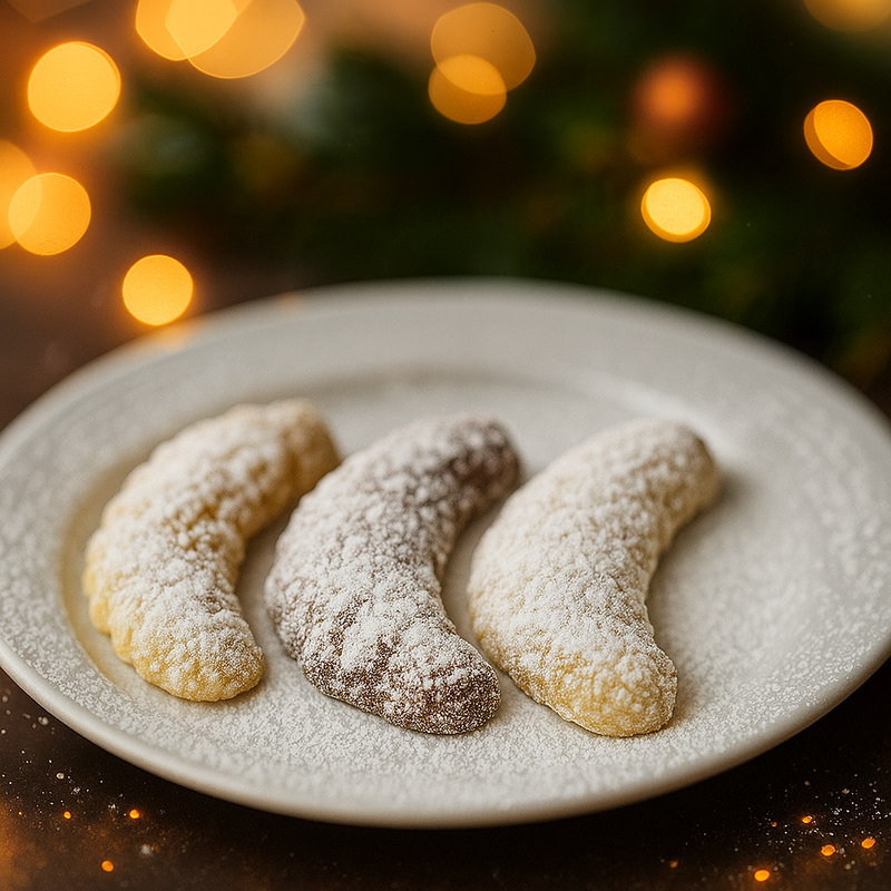 Vanillekipferl, Schokokipferl und Kokoskipferl nebeneinander auf einem Teller mit Staubzucker