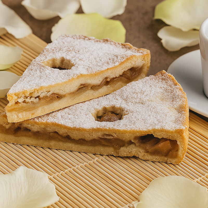 Zwei Stücke Apfelkuchen mit Staubzucker auf einer Bambusmatte