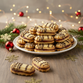 Linzerstangerl mit Marmeladefüllung und Schokoladendekor auf weißem Teller, weihnachtlich dekoriert mit Tannenzweigen und Kugeln