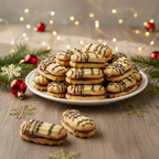 Linzerstangerl mit Marmeladefüllung und Schokoladendekor auf weißem Teller, weihnachtlich dekoriert mit Tannenzweigen und Kugeln