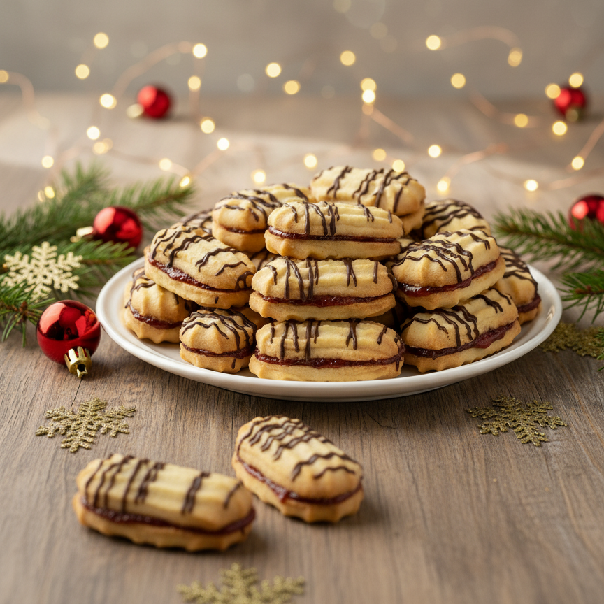 Linzerstangerl mit Marmeladefüllung und Schokoladendekor auf weißem Teller, weihnachtlich dekoriert mit Tannenzweigen und Kugeln