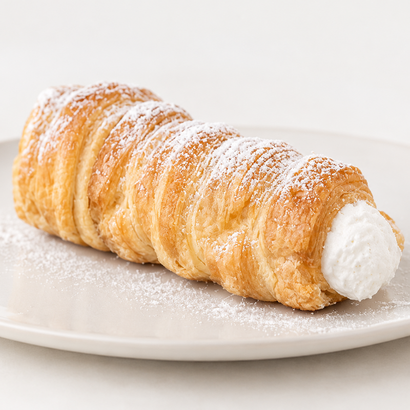 Schaumrolle aus Blätterteig mit weißer Schaumfüllung und Staubzucker auf einem hellen Teller
