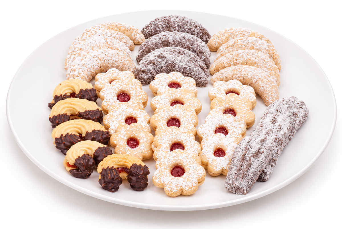 Weißer Teller mit Teegebäck: Kipferl mit Staubzucker, Linzer Kekse mit roter Füllung und Kekse mit Schokoladenglasur